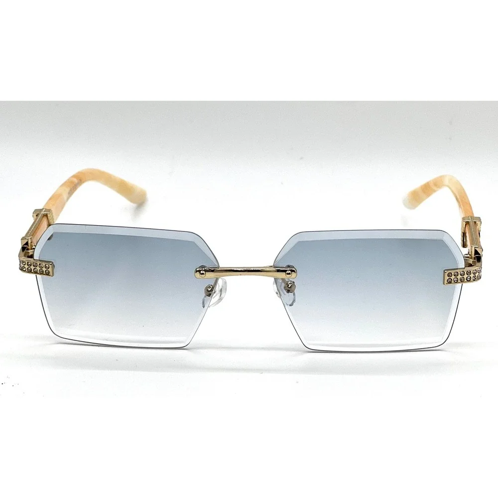 Rimless Sunglasses Octagon Lens Rhinestone Accents Wood Arms Fashion‎